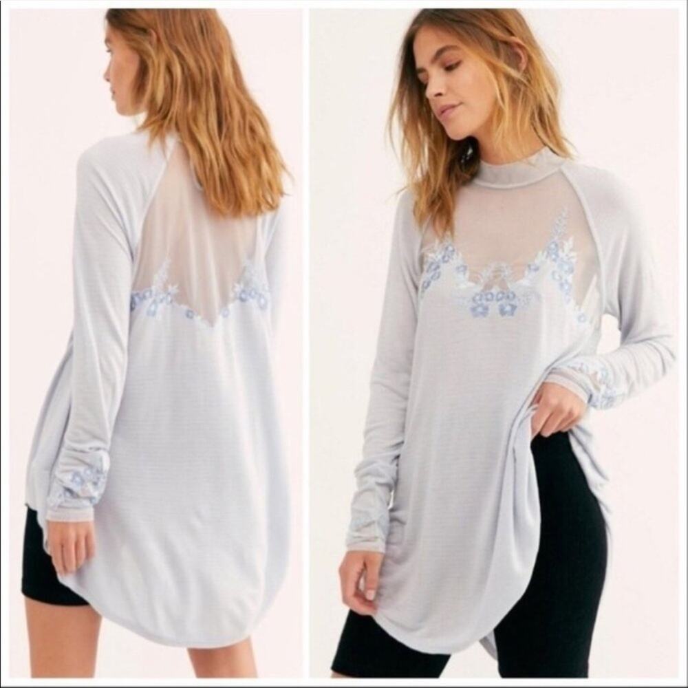 Free people mesh and embroidered floral high neck periwinkle tunic top